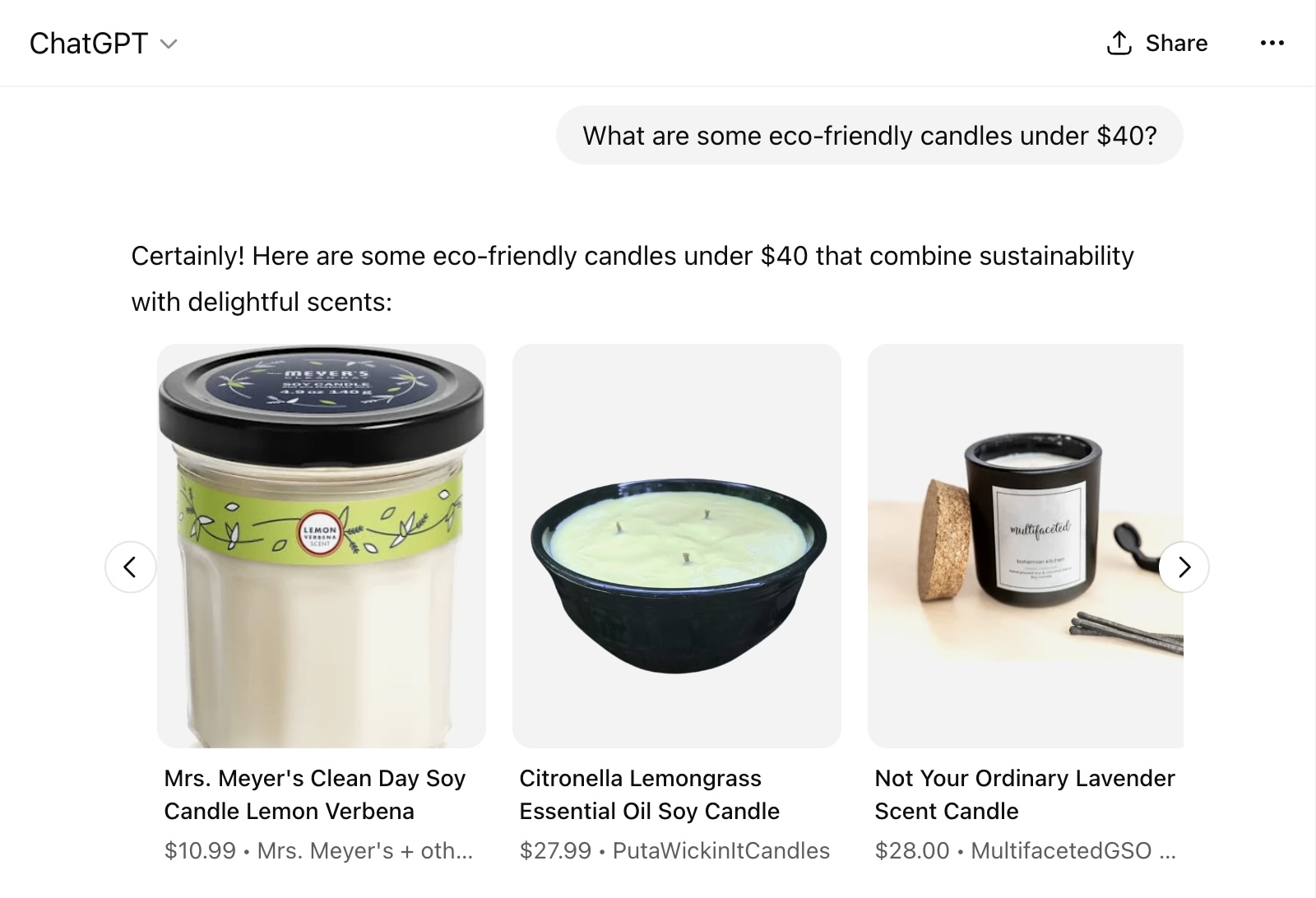 ChatGPT shopping results showing eco-friendly candles